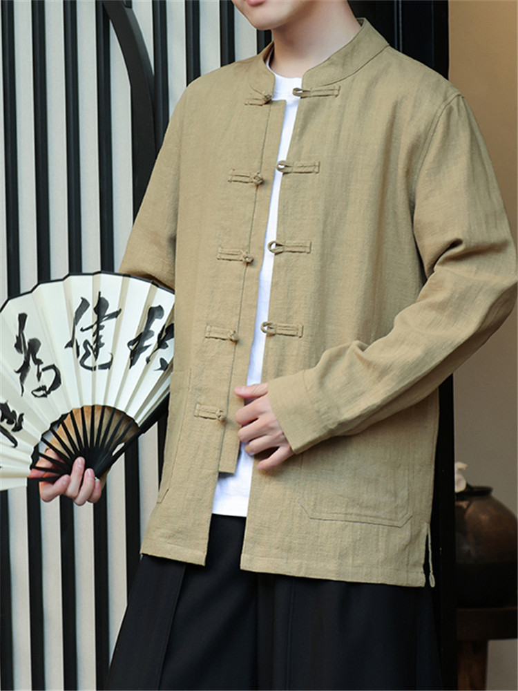 シャツ メンズ 和風デザイン留め具付きスタンドカラーシャツ