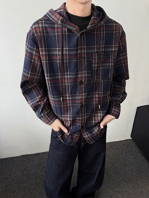 メンズ シャツ メンズ フード付き チェック柄 長袖シャツ