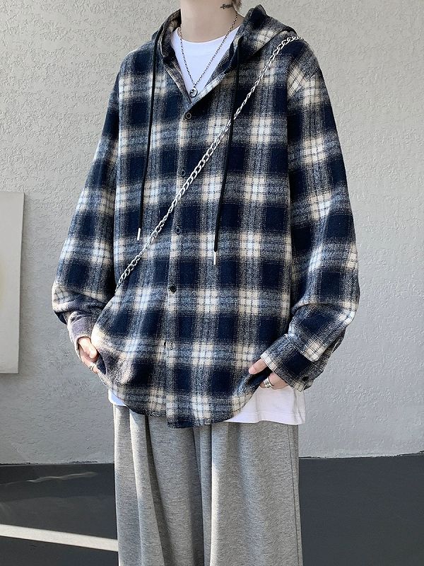メンズ シャツ メンズ フード付きチェック柄長袖シャツ