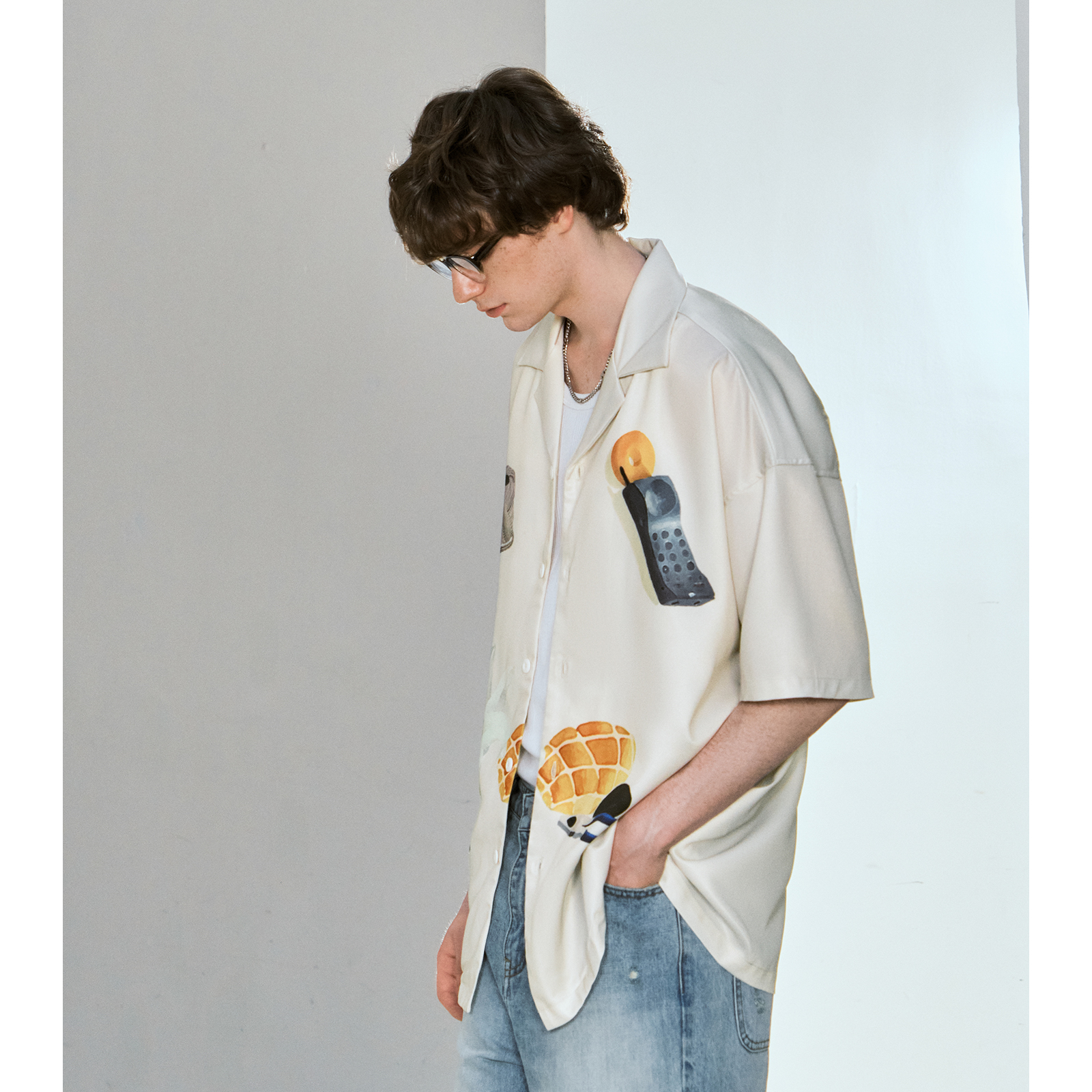 シャツ メンズ 柄シャツ レトロ家電イラスト柄開襟シャツ