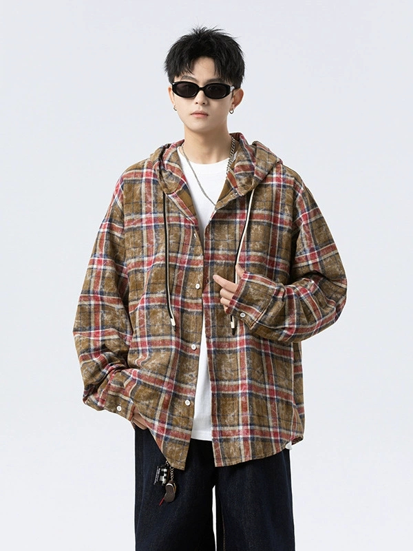 メンズ シャツ メンズ フード付きチェック柄長袖シャツ