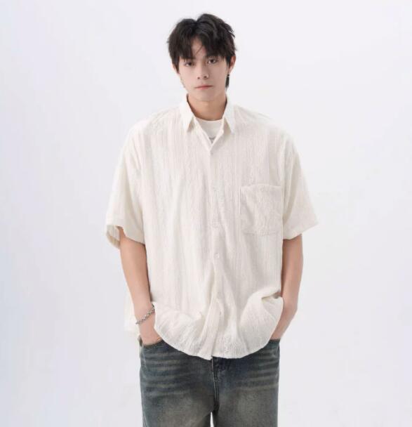 メンズ シャツ メンズ半袖シャツ白無地ゆったり古着風カジュアル
