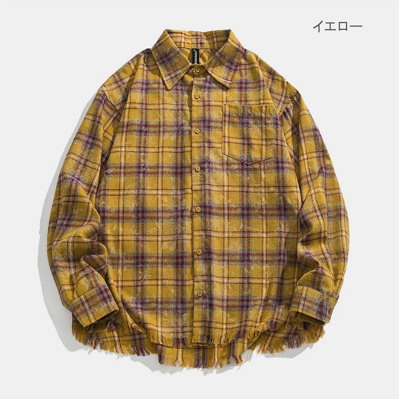 メンズ シャツ メンズ チェック柄シャツ フリンジ付き カジュアル 長袖