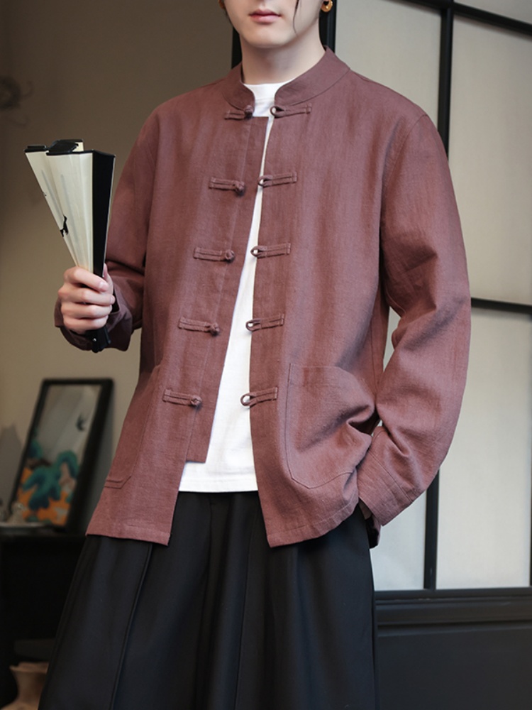 シャツ メンズ 和風デザイン留め具付きスタンドカラーシャツ