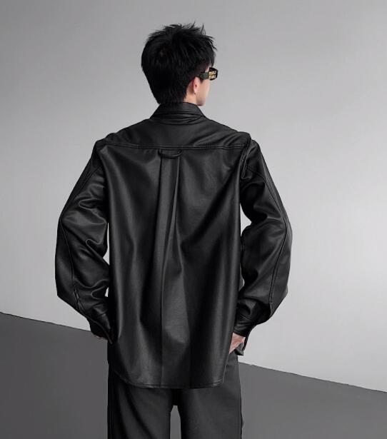 シャツ メンズ 合成皮革長袖シャツ黒メンズカジュアル