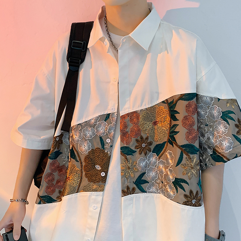 シャツ メンズ 柄シャツ 花模様切替半袖シャツ