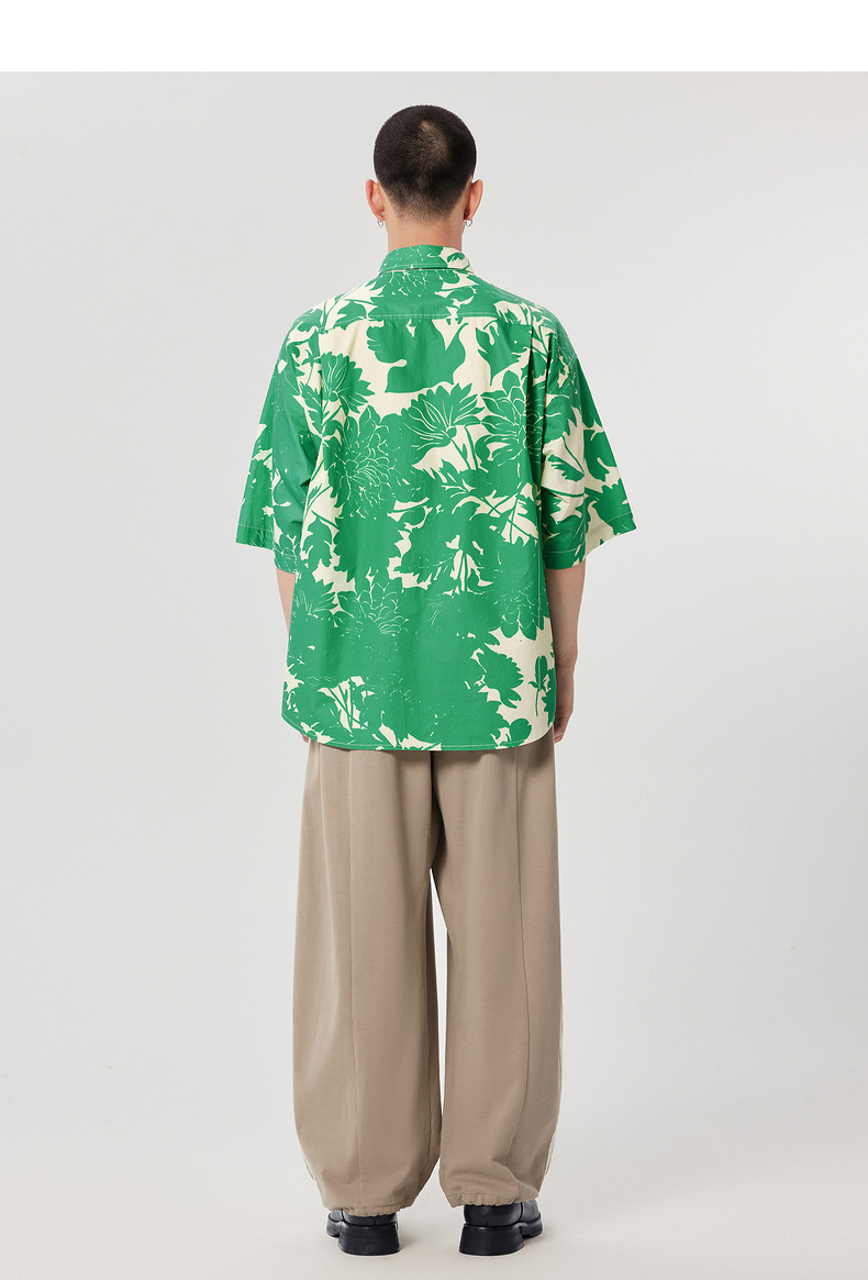シャツ メンズ 柄シャツ 葉影模様の半袖ゆったりシャツ