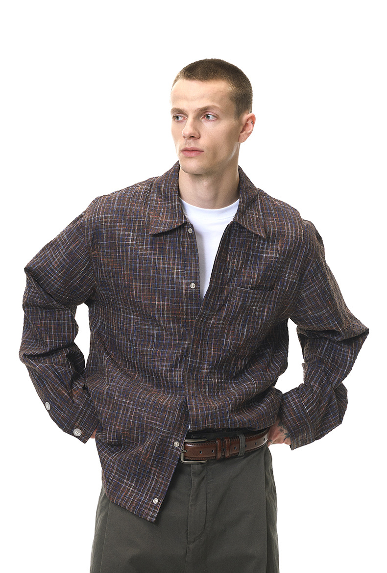 メンズ シャツ メンズ シアサッカー チェック柄 長袖シャツ