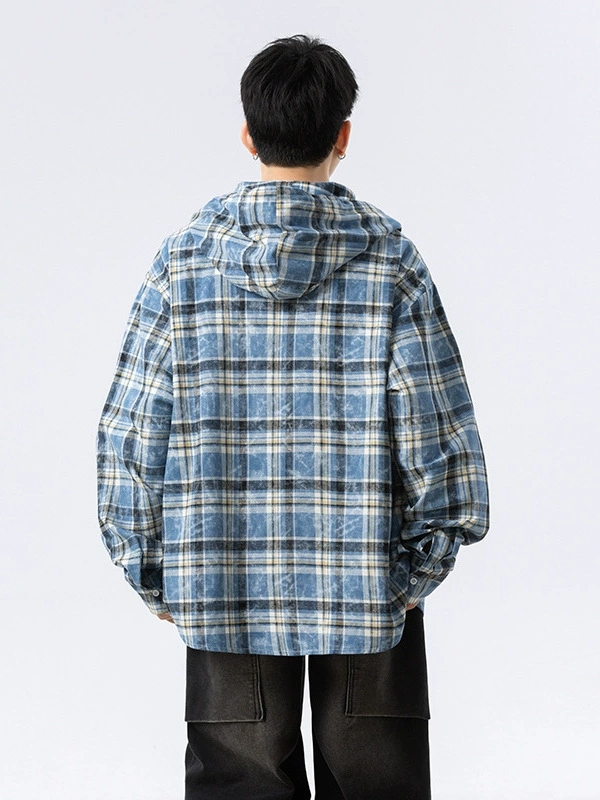 メンズ シャツ メンズ フード付きチェック柄長袖シャツ