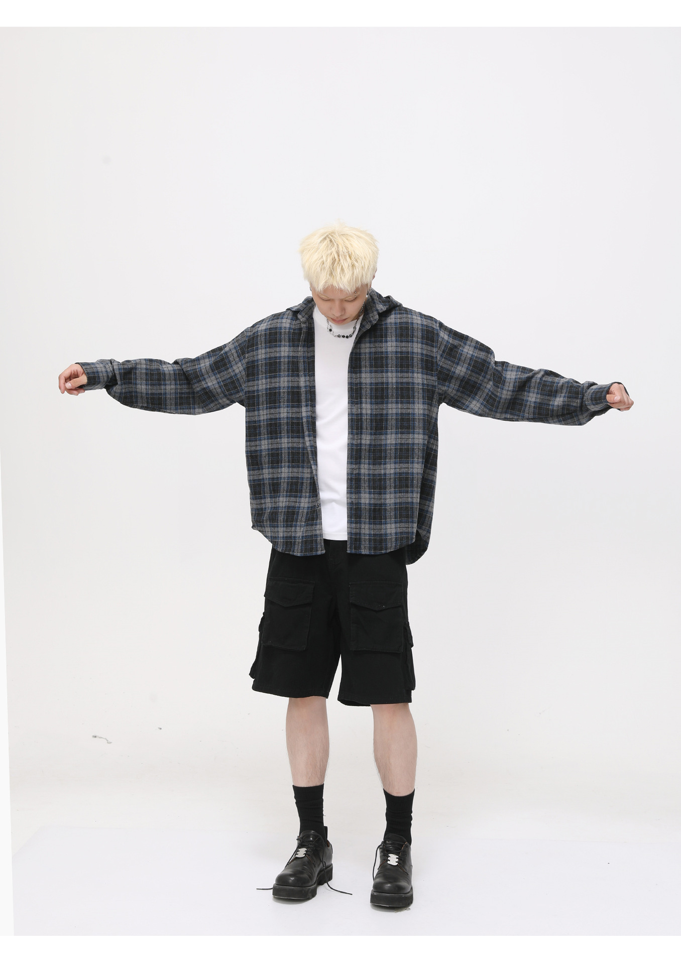 メンズ シャツ フード付きチェック柄シャツ メンズ 長袖カジュアル 全2色