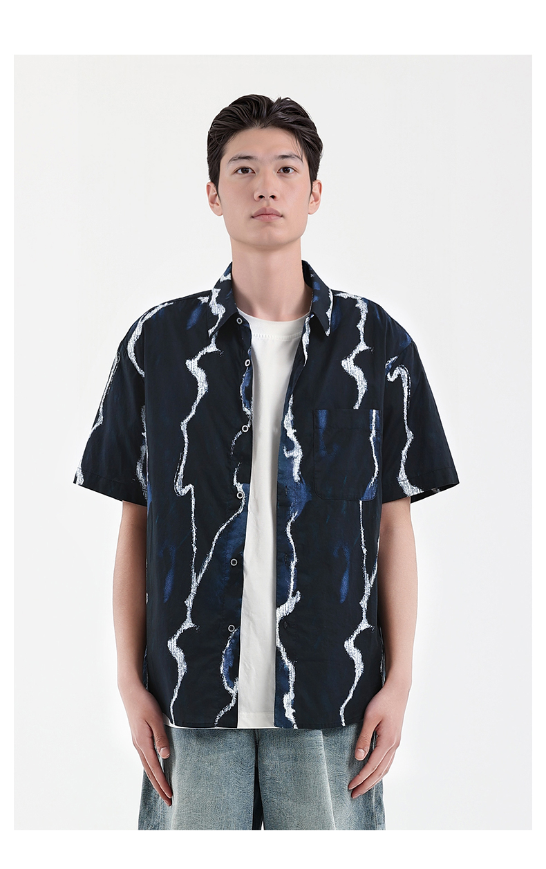 シャツ メンズ 柄シャツ 波模様ストライク半袖シャツ