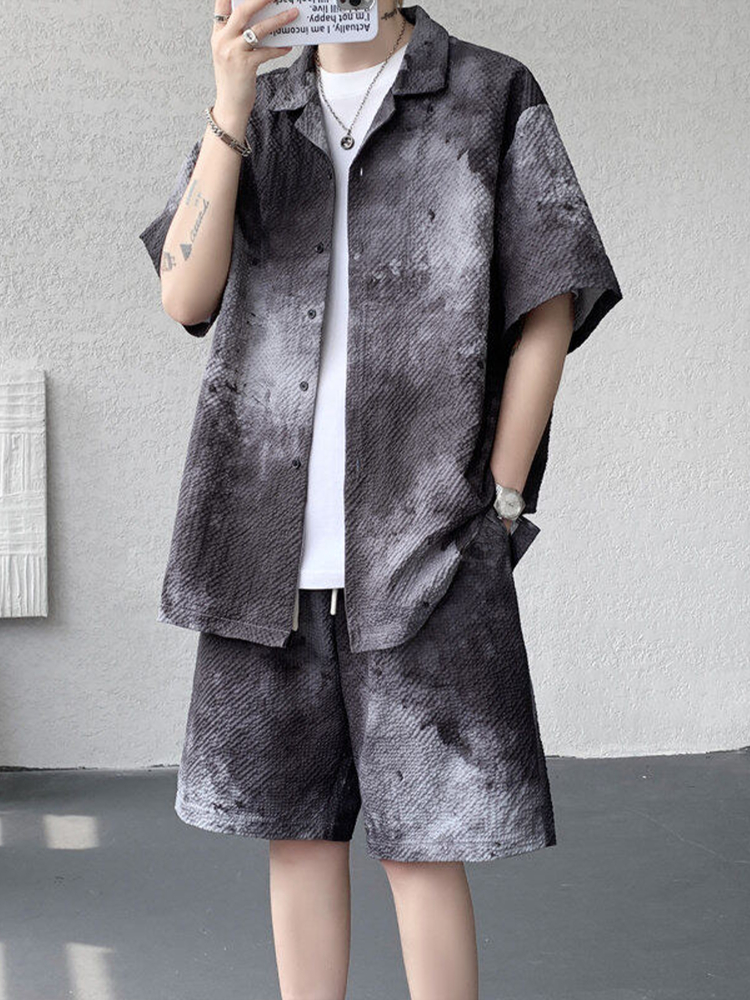 シャツ メンズ 柄シャツ 水墨模様セットアップ開襟シャツ