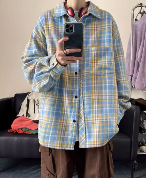 メンズ シャツ メンズ 長袖チェックシャツ ブルー系カジュアルトップス