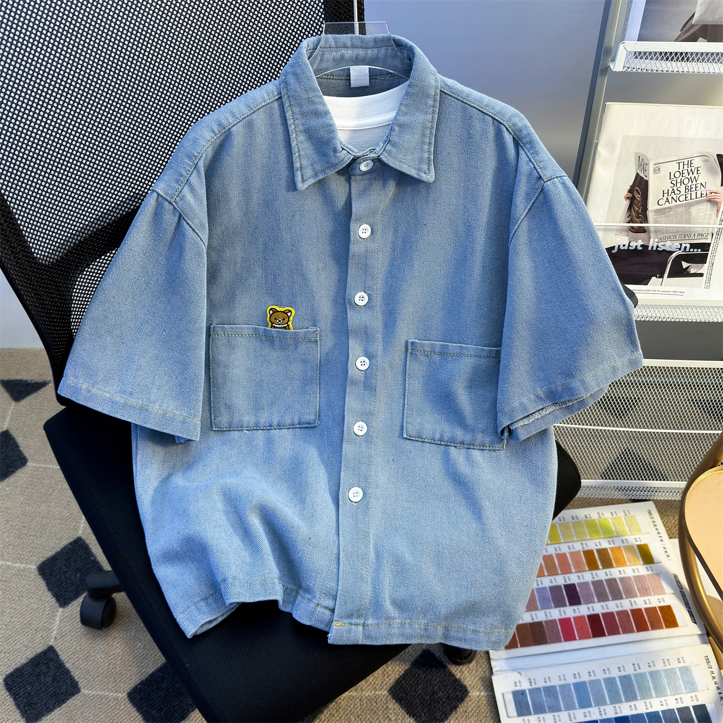 シャツ メンズ くまワッペン付き半袖デニムシャツ