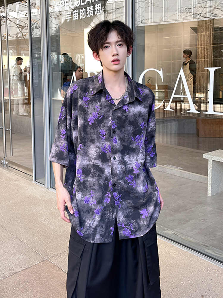シャツ メンズ 柄シャツ 花模様ゆったり七分袖シャツ