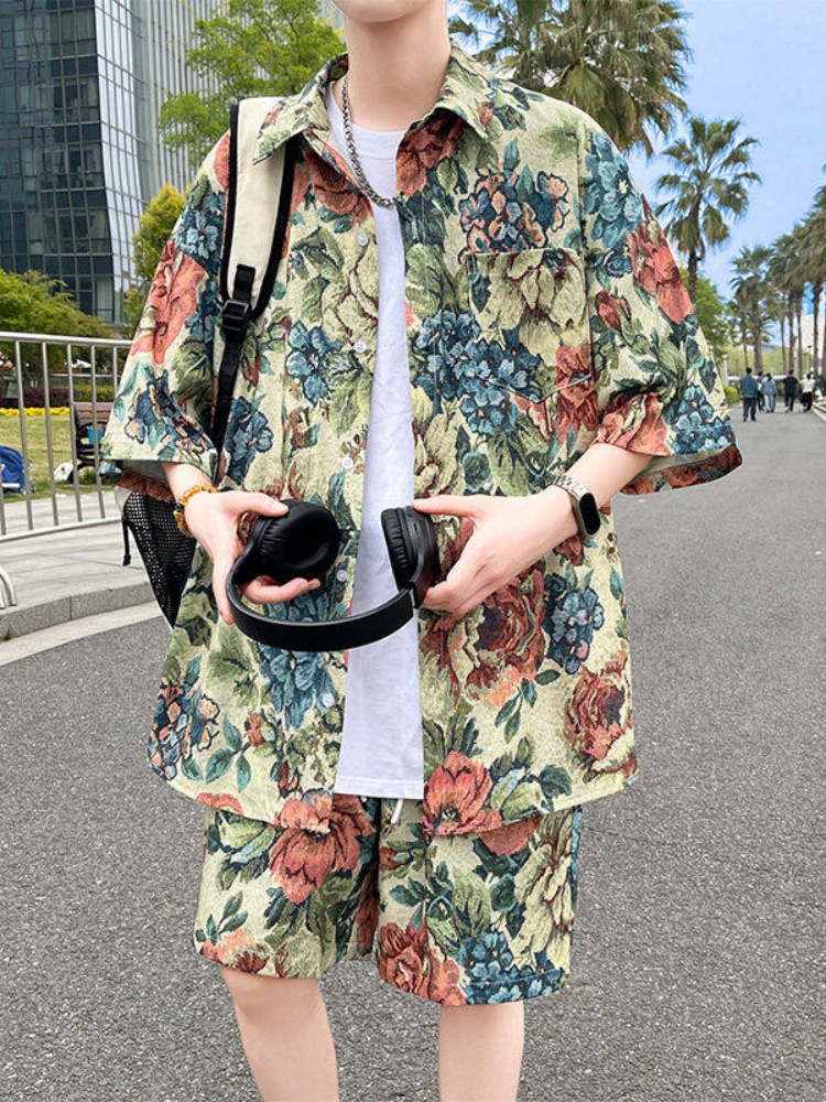シャツ メンズ 柄シャツ 花園セットアップ 半袖柄シャツ