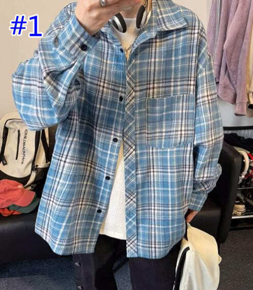 メンズ シャツ メンズ 長袖チェックシャツ ブルー系カジュアルトップス