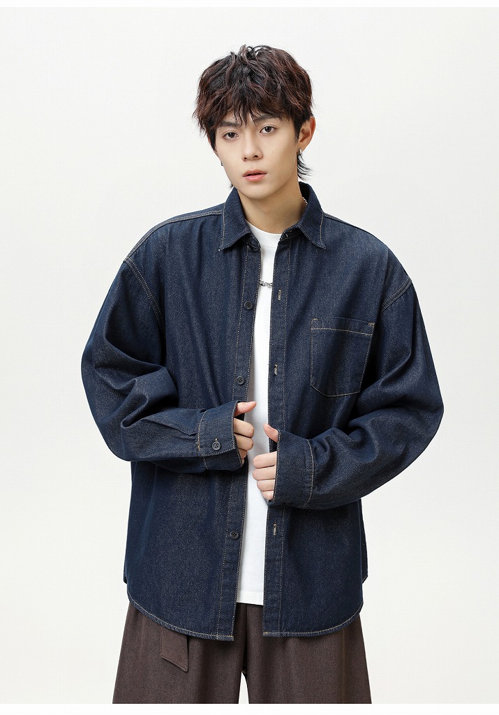 メンズ シャツ 秋新作 ヴィンテージ風 水洗い加工 デニムシャツ 長袖 全3色