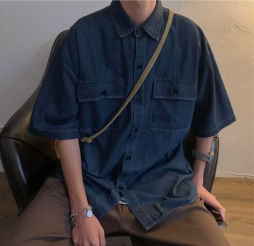 メンズ シャツ 夏物メンズデニムシャツ半袖カジュアル