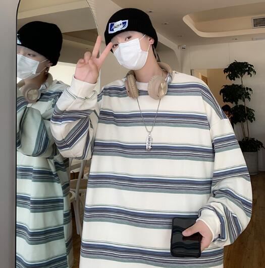 メンズ シャツ 秋冬メンズ長袖ボーダー柄シャツ