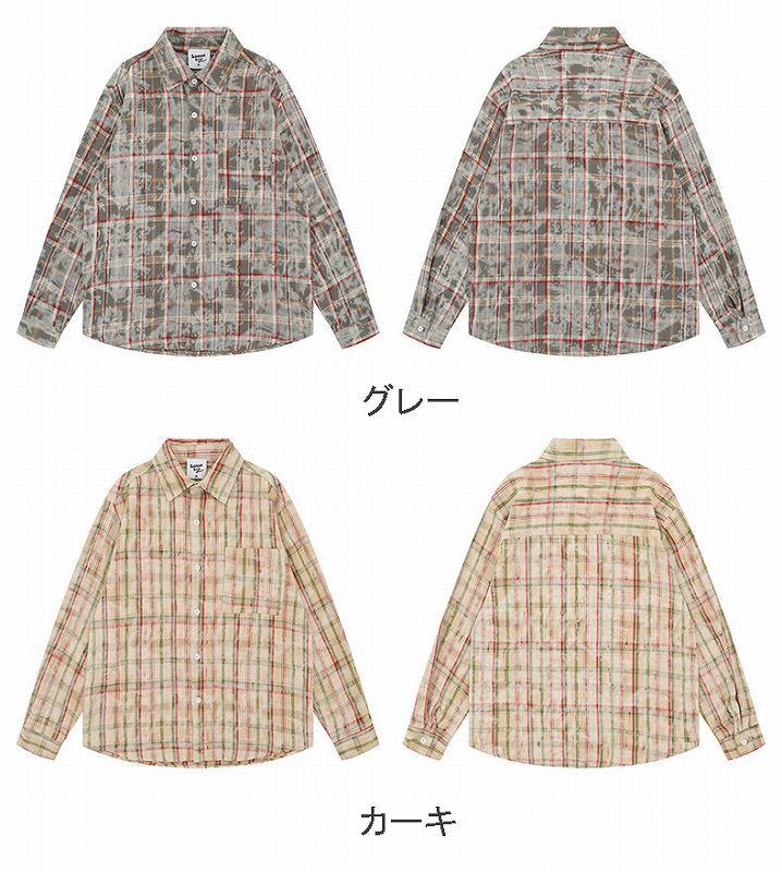 メンズ シャツ ダメージ加工チェック柄長袖シャツ