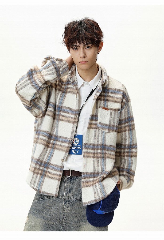 メンズ シャツ メンズ 秋冬 配色チェック柄 厚手ウールシャツ ゆったりサイズ 全2色