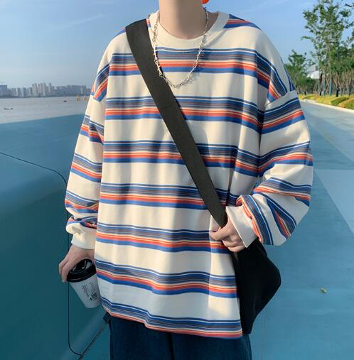 メンズ シャツ 秋冬メンズ長袖ボーダー柄シャツ