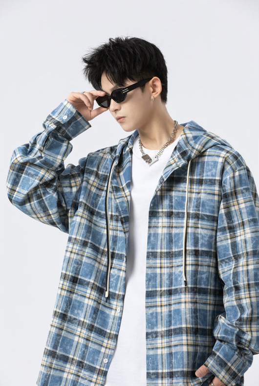 メンズ シャツ メンズ フード付きチェック柄長袖シャツ