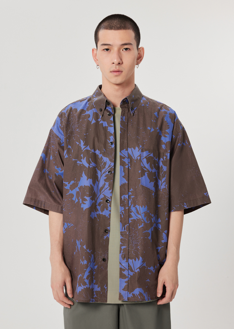 シャツ メンズ 柄シャツ 葉影模様の半袖ゆったりシャツ