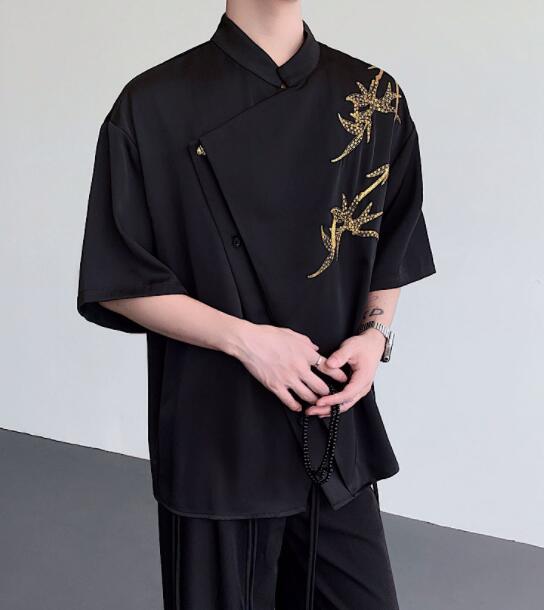 シャツ メンズ 中国風半袖カジュアルシャツ金龍刺繍メンズ