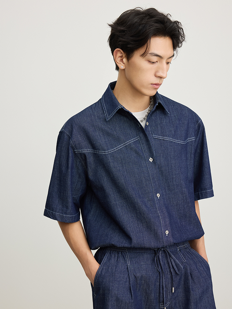 シャツ メンズ デニムシャツ 半袖ウエスタンヨーク デニムシャツ