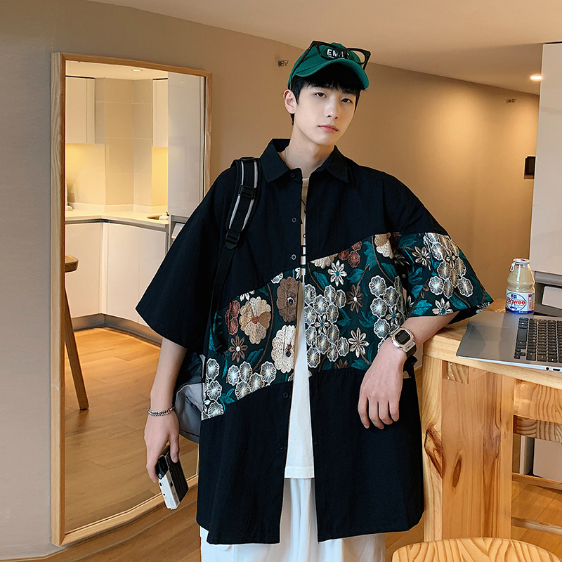 シャツ メンズ 柄シャツ 花模様切替半袖シャツ