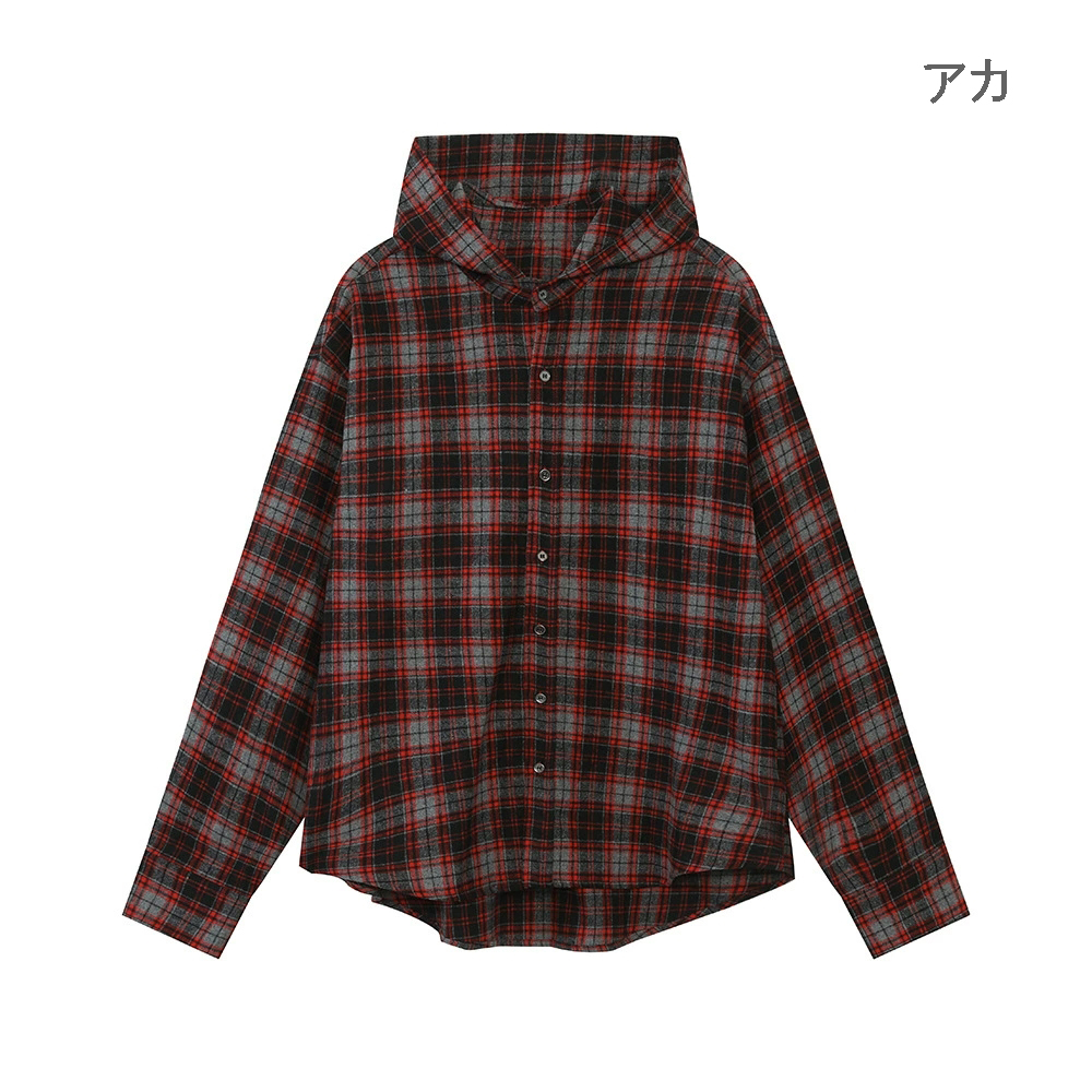 メンズ シャツ フード付きチェック柄シャツ メンズ 長袖カジュアル 全2色