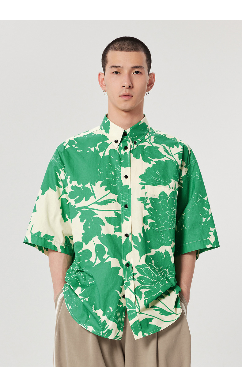 シャツ メンズ 柄シャツ 葉影模様の半袖ゆったりシャツ