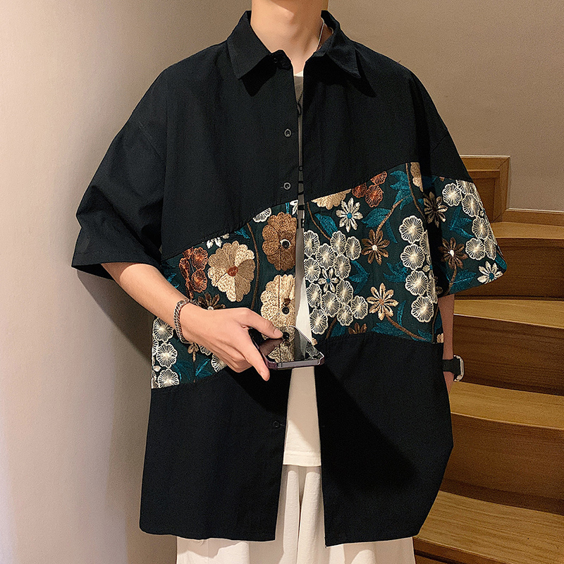 シャツ メンズ 柄シャツ 花模様切替半袖シャツ