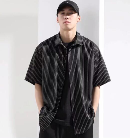 メンズ シャツ メンズ 半袖 縦縞 シャツ 黒