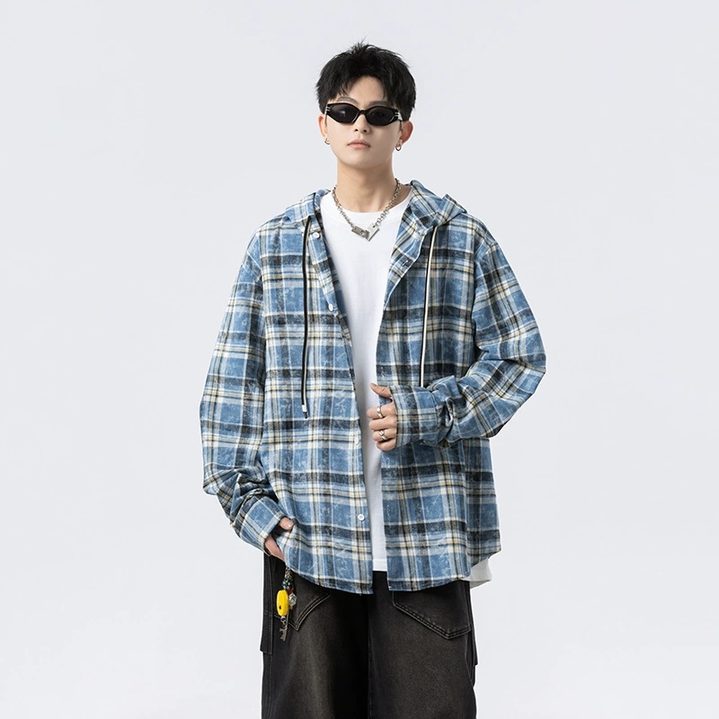 メンズ シャツ メンズ フード付きチェック柄長袖シャツ