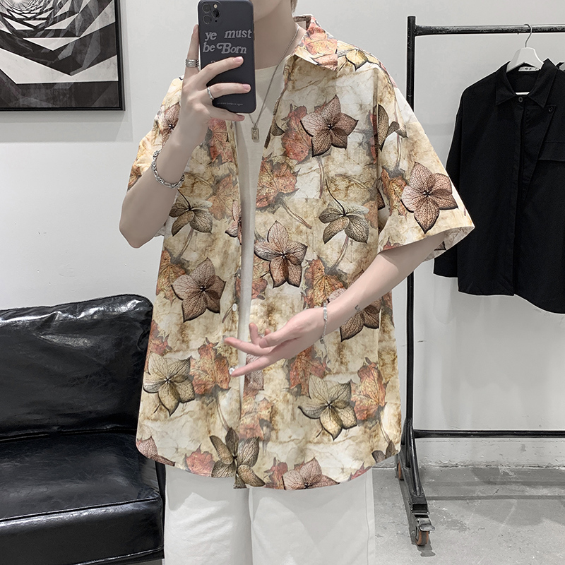 シャツ メンズ 柄シャツ 落ち葉模様の芸術半袖シャツ