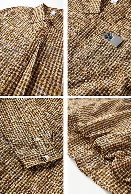 メンズ シャツ メンズ シアサッカー チェック柄 長袖シャツ