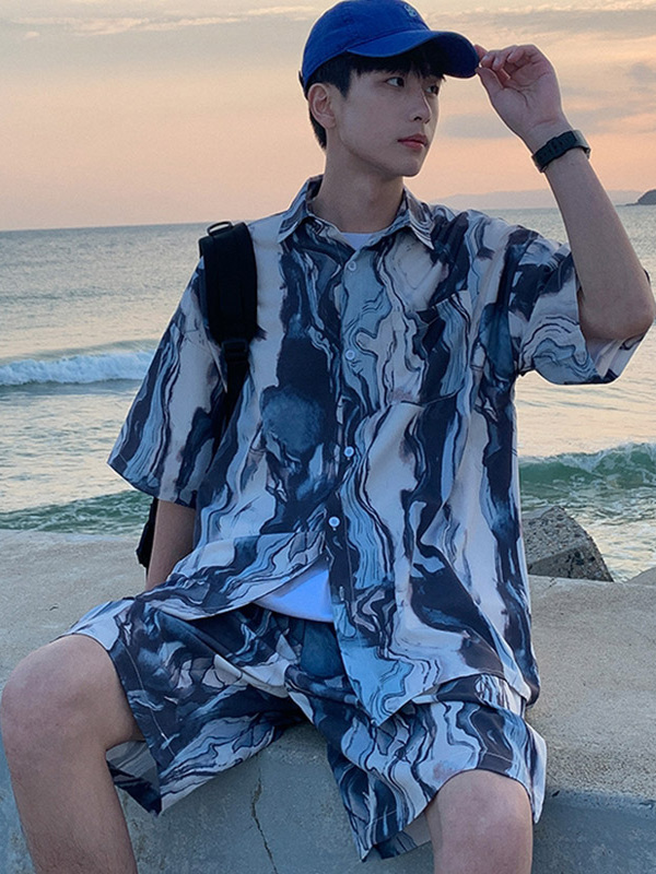 シャツ メンズ 柄シャツ 大理石模様の夏季セットアップシャツ