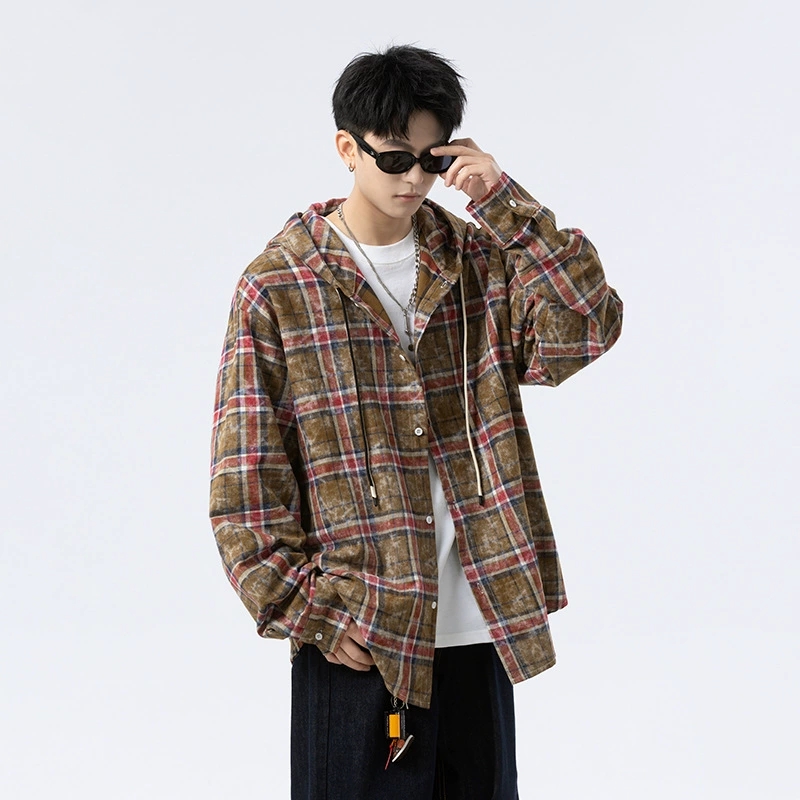 メンズ シャツ メンズ フード付きチェック柄長袖シャツ