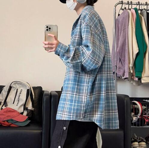 メンズ シャツ メンズ 長袖チェックシャツ ブルー系カジュアルトップス