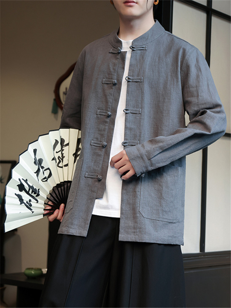シャツ メンズ 和風デザイン留め具付きスタンドカラーシャツ