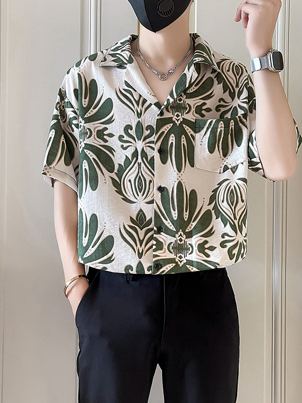 シャツ メンズ 柄シャツ 華麗な草花模様 開襟半袖シャツ