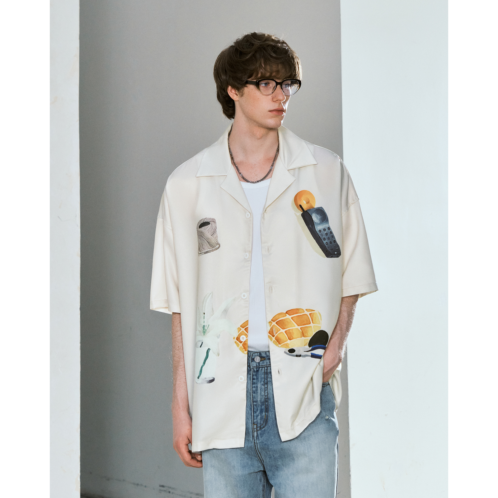 シャツ メンズ 柄シャツ レトロ家電イラスト柄開襟シャツ
