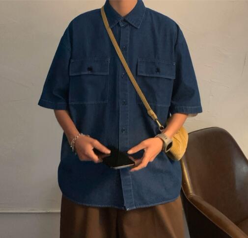 メンズ シャツ 夏物メンズデニムシャツ半袖カジュアル