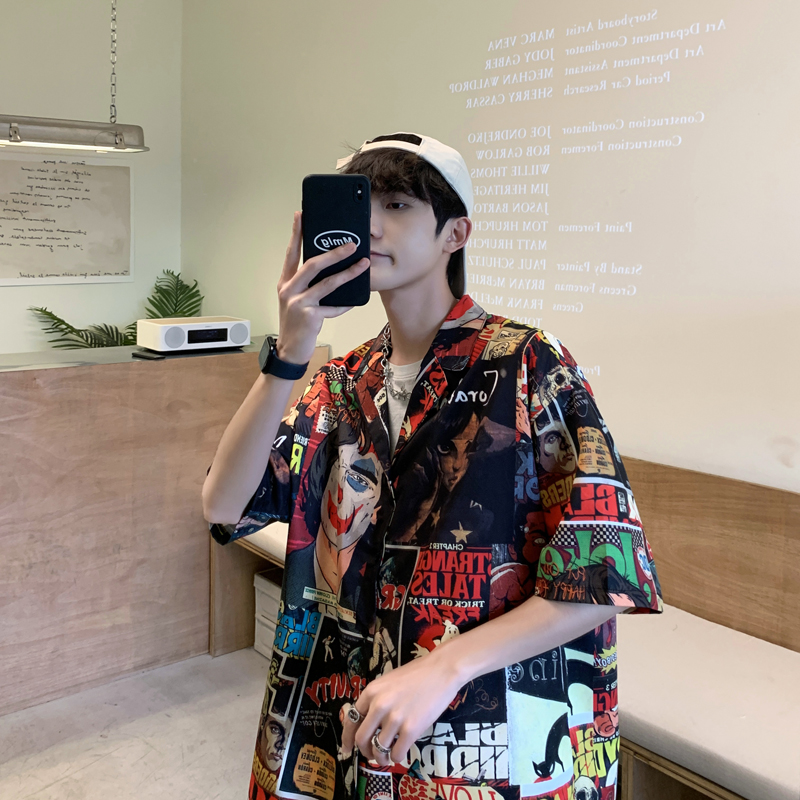 シャツ メンズ 柄シャツ ストリートコミック総柄開襟シャツ