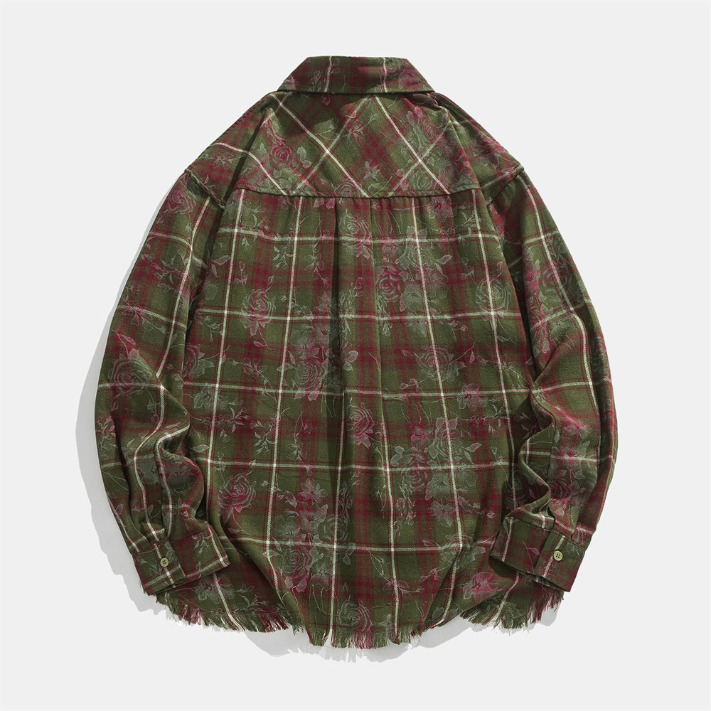 メンズ シャツ メンズ チェック柄シャツ フリンジ付き カジュアル 長袖