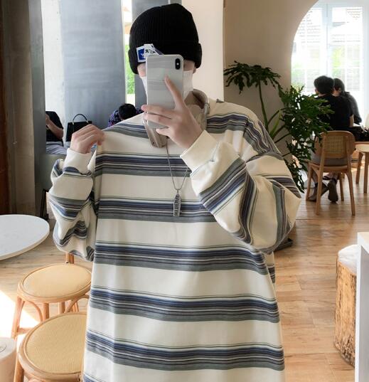 メンズ シャツ 秋冬メンズ長袖ボーダー柄シャツ