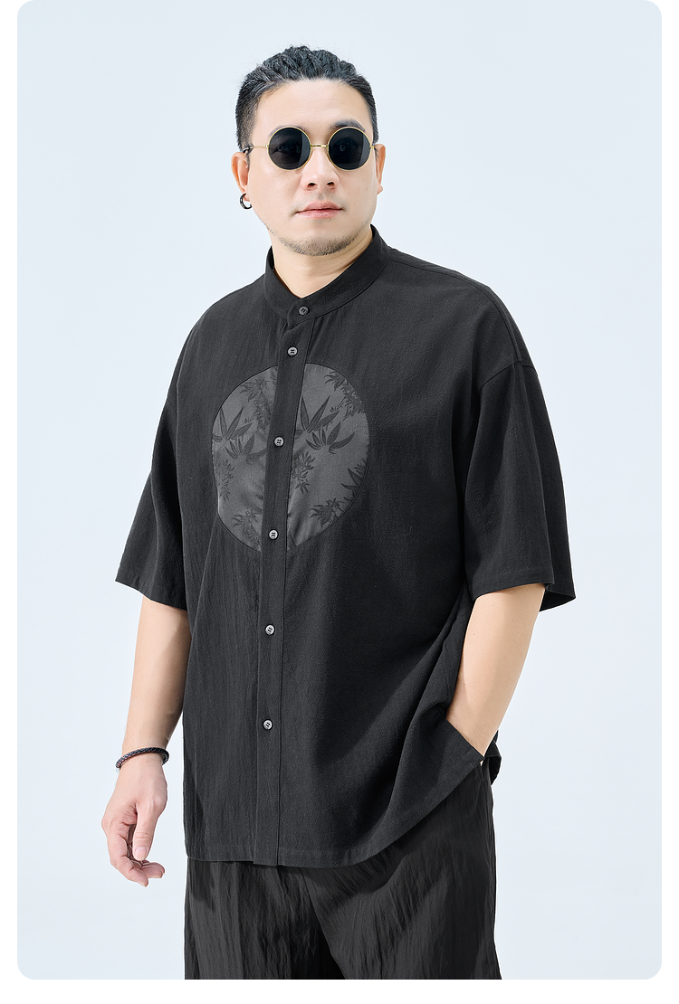 シャツ メンズ スタンドカラーシャツ 和風円模様半袖